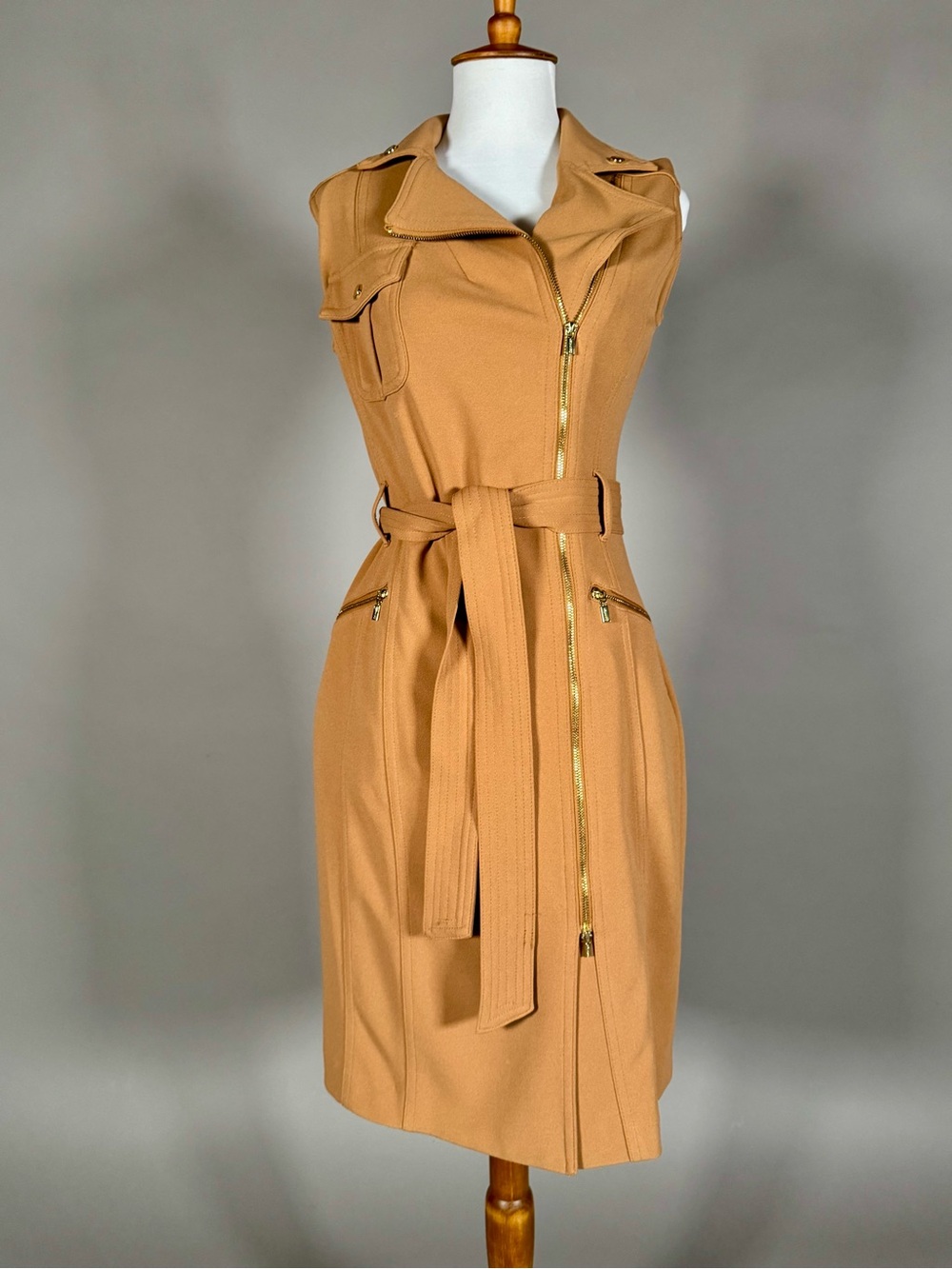 Calvin Klein Sleeveless Camel Belted Zip-Front Midi Dress
